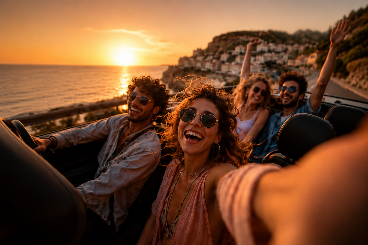 Group of friends celebrating on a scenic hilltop overlooking the sea
